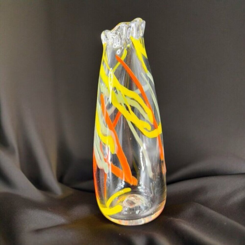 Hand Blown Studio Art Glass Swung Vase Clear Multicolor Swirls Hand Made Glass